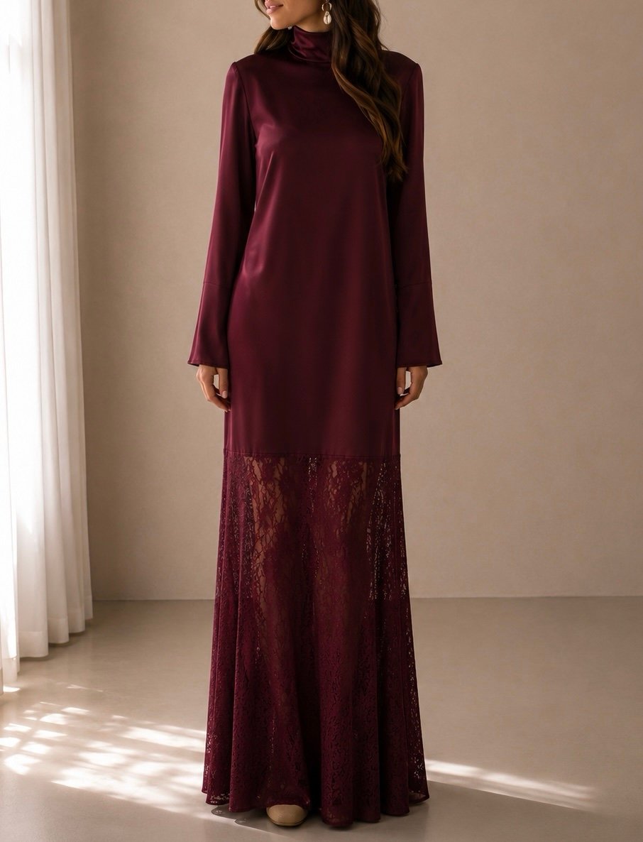 Vestido cuello alto y encaje bajo